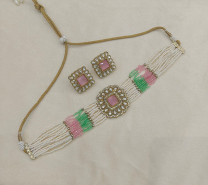 Antique Mint Pink Moissanite kundan choker Indian Jewellery Abby Wedding Set