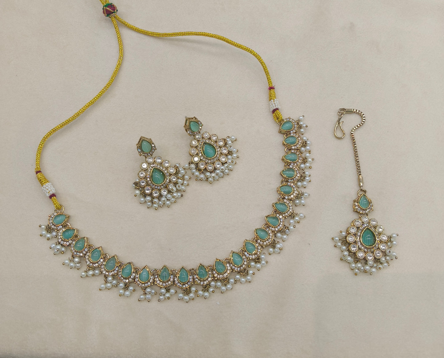Antique Moissanite Pista kundan necklace Indian Jewellery Semu Wedding Set