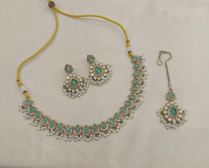 Antique Moissanite Pista kundan necklace Indian Jewellery Semu Wedding Set