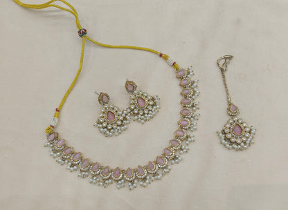 Antique Moissanite Pink kundan necklace Indian Jewellery Semu Wedding Sets