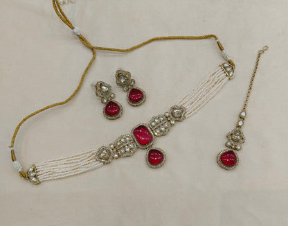 Antique Maroon Moissanite kundan choker Indian Jewellery Letin Wedding Set