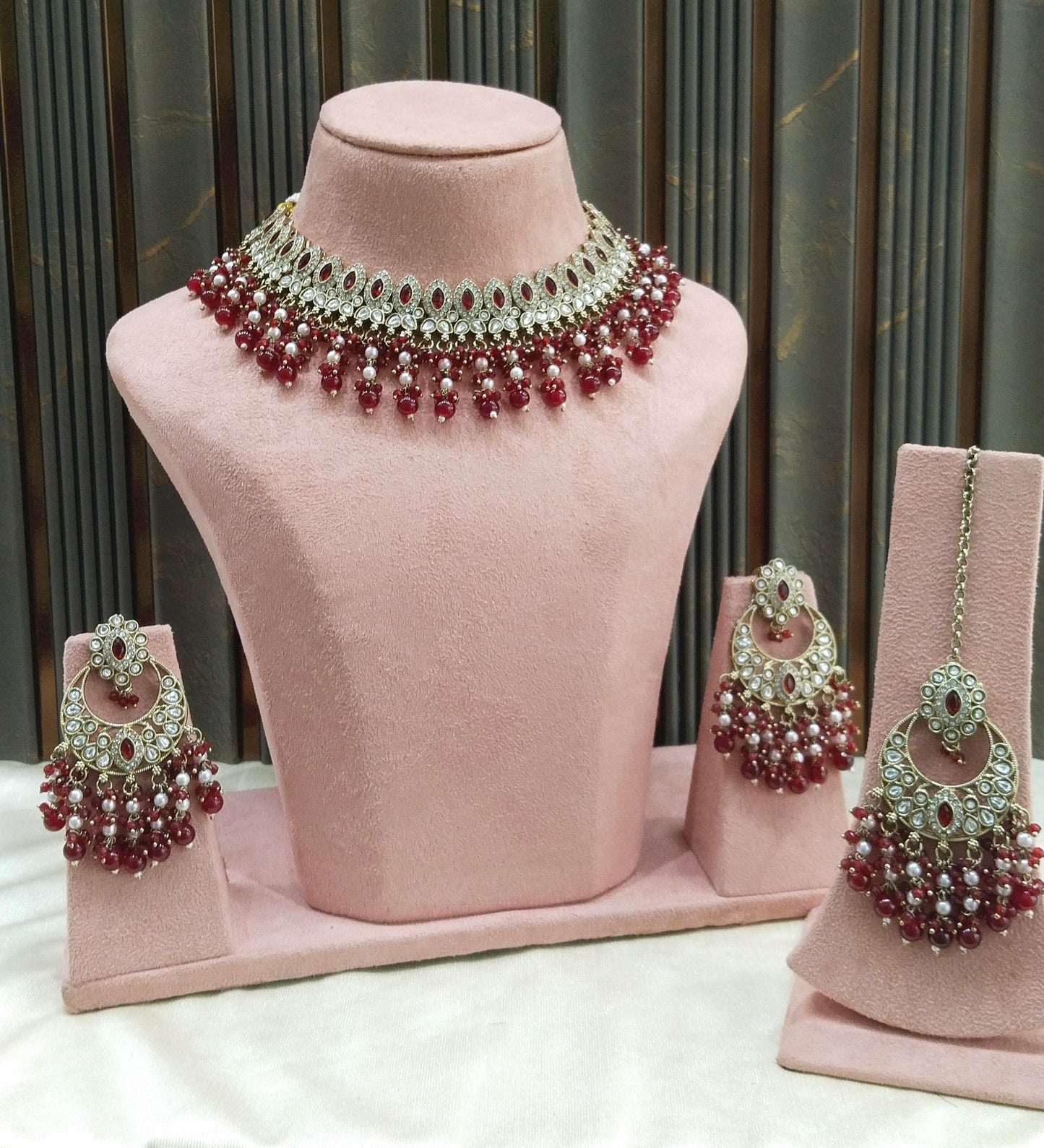 Antique Maroon Moissanite kundan necklace Indian Jewellery Muna Wedding Sets
