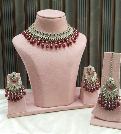 Antique Maroon Moissanite kundan necklace Indian Jewellery Muna Wedding Sets