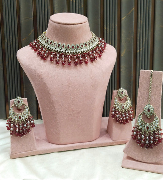 Antique Maroon Moissanite kundan necklace Indian Jewellery Muna Wedding Sets