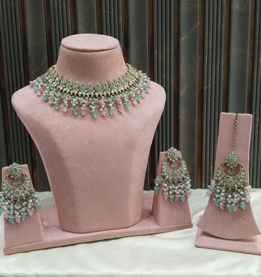 Antique Mint Pink Moissanite kundan necklace Indian Jewellery Muna Wedding Sets