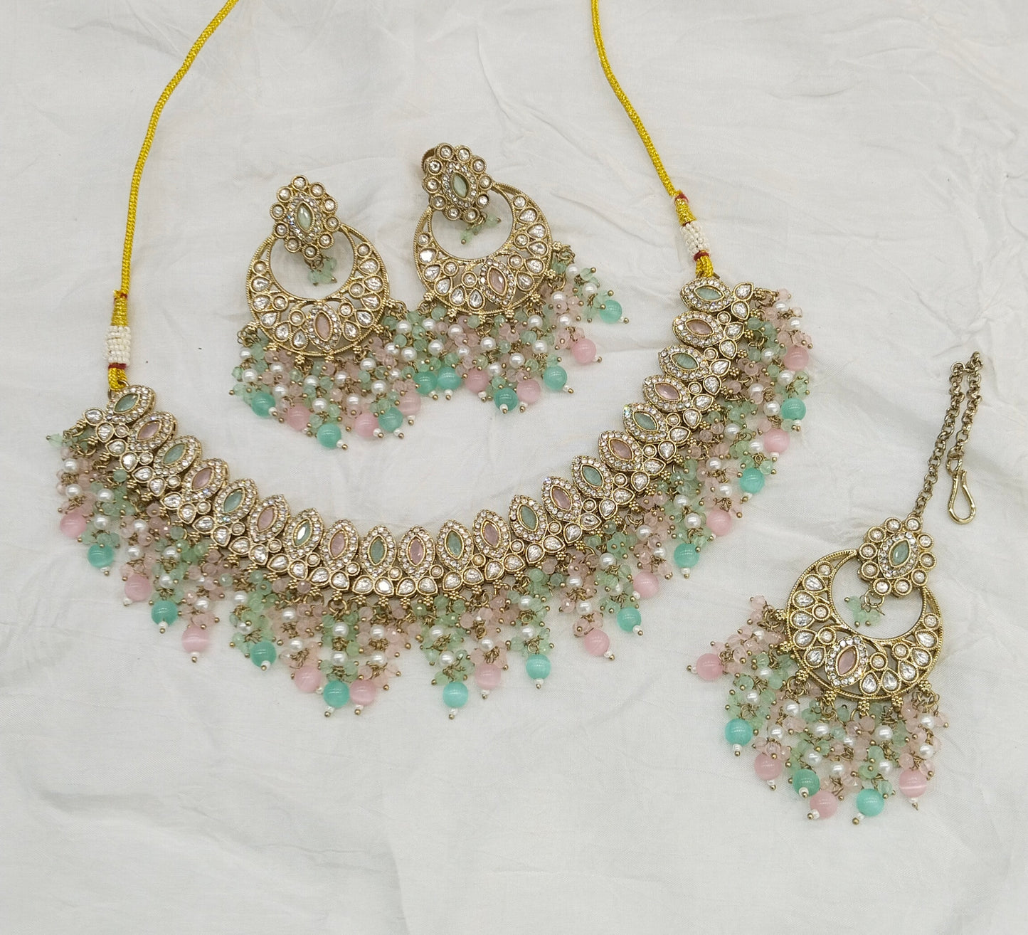Antique Mint Pink Moissanite kundan necklace Indian Jewellery Muna Wedding Sets