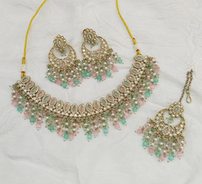 Antique Mint Pink Moissanite kundan necklace Indian Jewellery Muna Wedding Sets