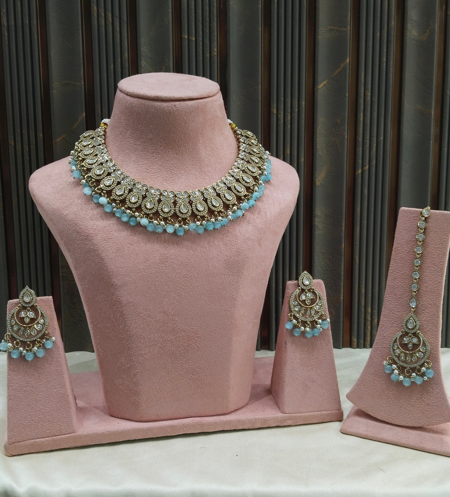 Antique Moissanite sky blue kundan necklace Indian Jewellery Mou Wedding Sets