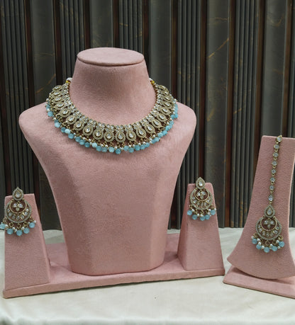 Antique Moissanite sky blue kundan necklace Indian Jewellery Mou Wedding Sets