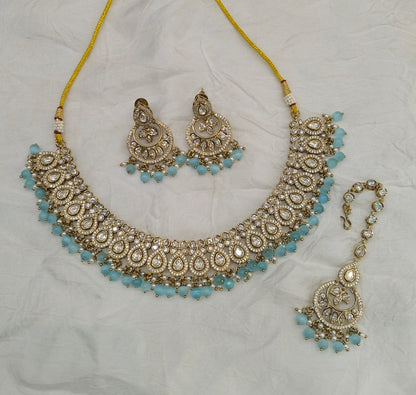Antique Moissanite sky blue kundan necklace Indian Jewellery Mou Wedding Sets