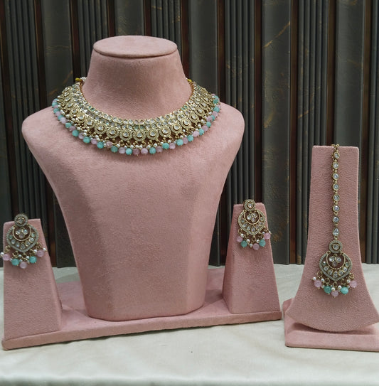 Antique Moissanite Mint Pink kundan necklace Indian Jewellery Miral Wedding Sets