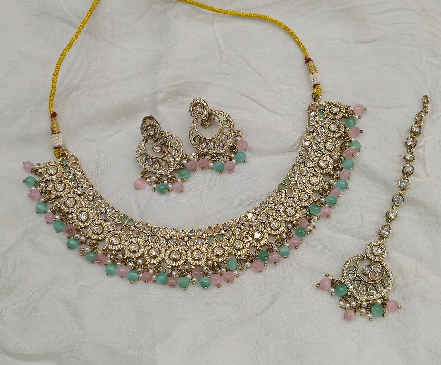 Antique Moissanite Mint Pink kundan necklace Indian Jewellery Miral Wedding Sets
