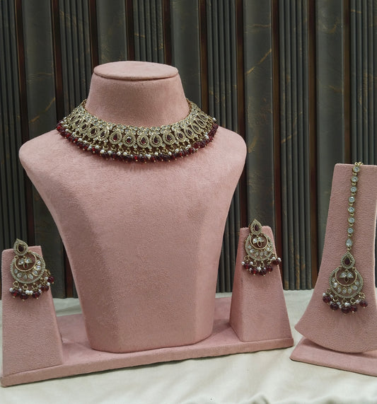 Antique Moissanite Maroon kundan necklace Indian Jewellery Minno Wedding Sets