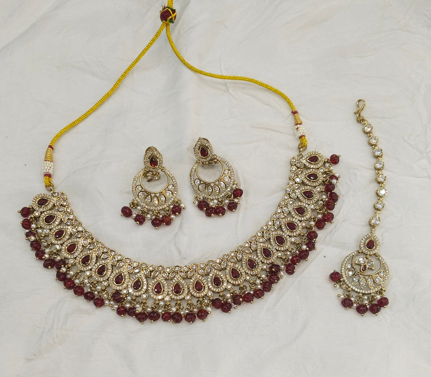 Antique Moissanite Maroon kundan necklace Indian Jewellery Minno Wedding Sets