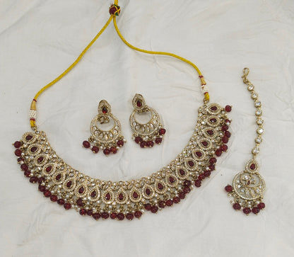 Antique Moissanite Maroon kundan necklace Indian Jewellery Minno Wedding Sets