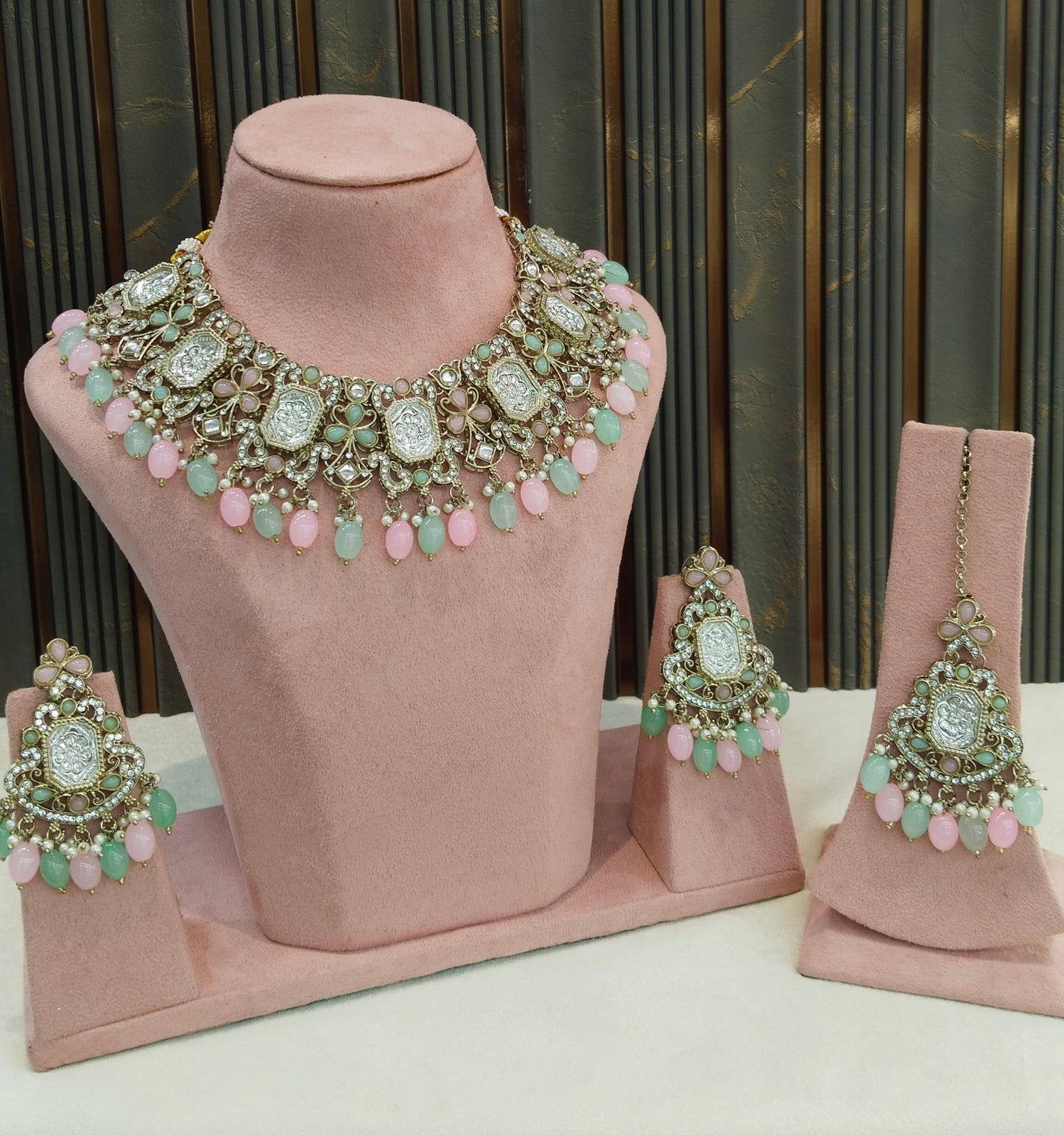 Antique Mint Pink Kundan necklace Set/ kundan Indian jewellery kundan Rony sets
