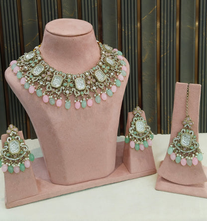 Antique Mint Pink Kundan necklace Set/ kundan Indian jewellery kundan Rony sets