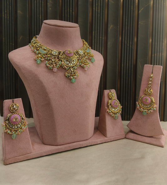 Mint Pink Kundan necklace Set/ kundan Indian jewellery kundan Sugam sets
