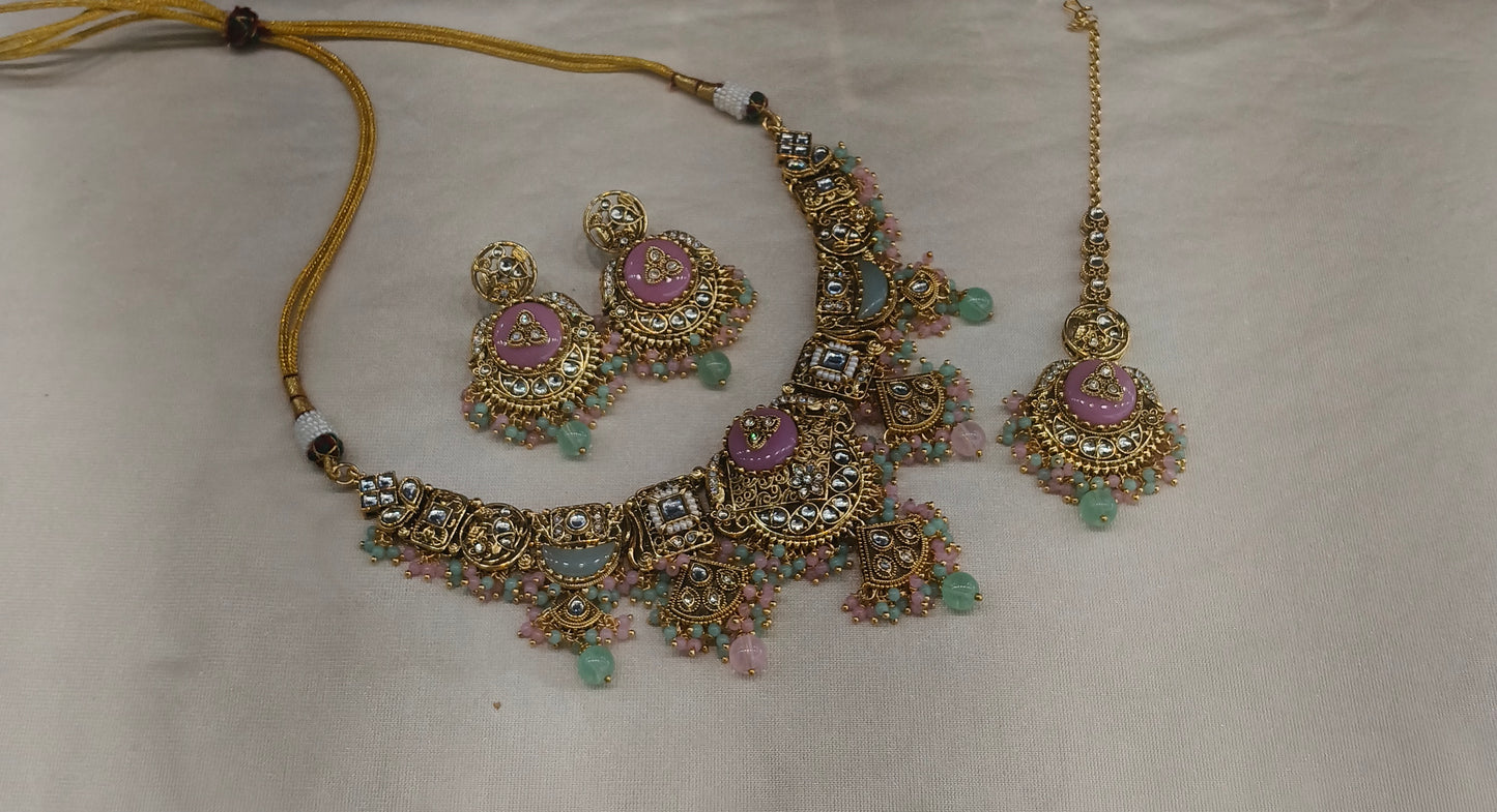 Mint Pink Kundan necklace Set/ kundan Indian jewellery kundan Sugam sets
