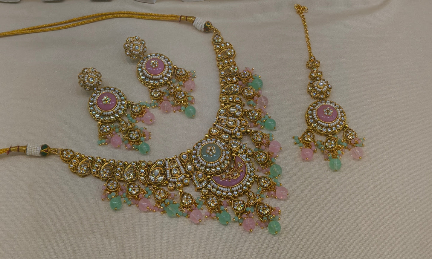 Mint Pink Kundan necklace Set/ kundan Indian jewellery kundan Ravina sets