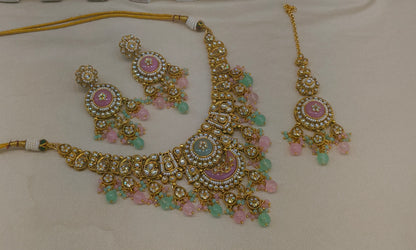 Mint Pink Kundan necklace Set/ kundan Indian jewellery kundan Ravina sets