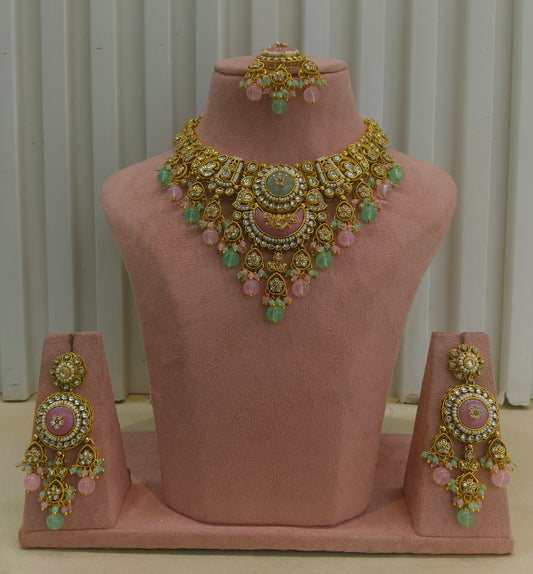 Mint Pink Kundan necklace Set/ kundan Indian jewellery kundan Ravina sets
