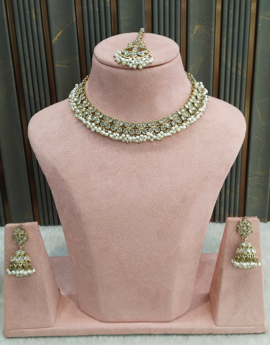 Antique Gold White Necklace Indian Jewelry Shuba Set