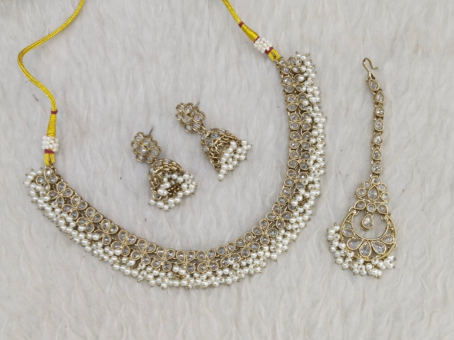 Antique Gold White Necklace Indian Jewelry Shuba Set