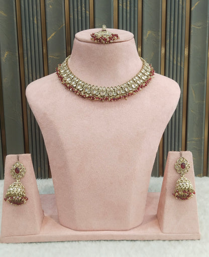 Antique Gold Maroon Necklace Indian Jewelry Shuba Set