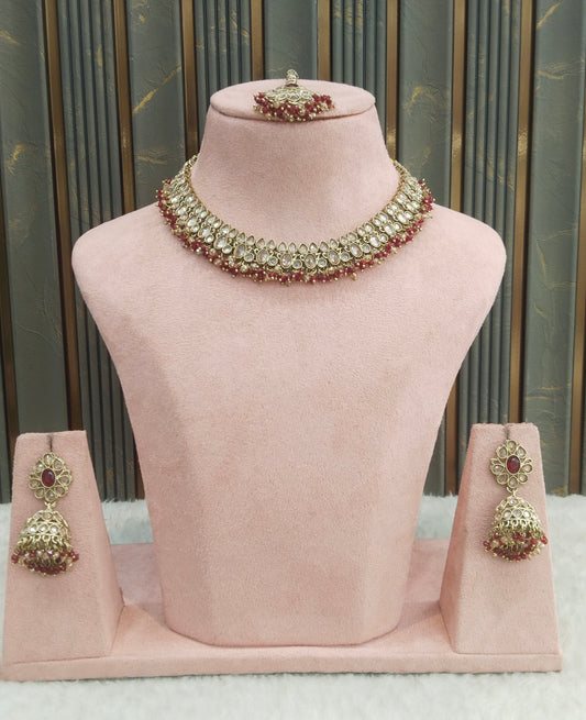 Antique Gold Maroon Necklace Indian Jewelry Shuba Set