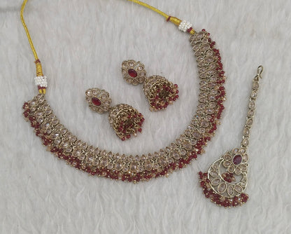 Antique Gold Maroon Necklace Indian Jewelry Shuba Set