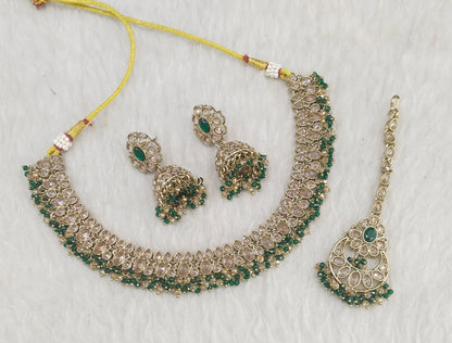 Antique Gold Green Necklace Indian Jewelry Shuba Set