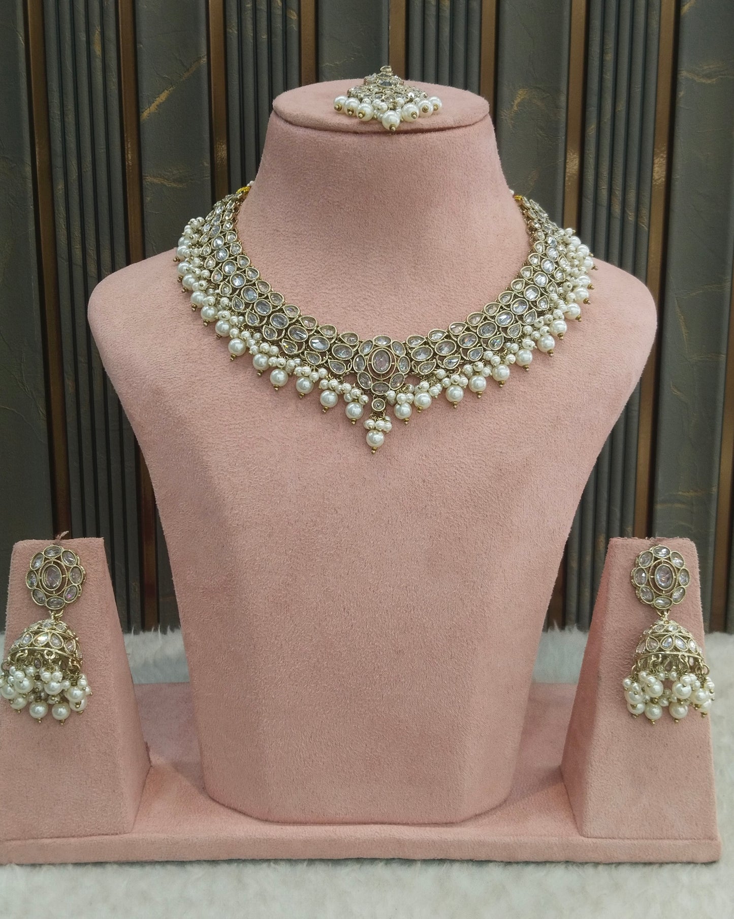 Antique Gold White Necklace Indian Jewelry Shuba Set