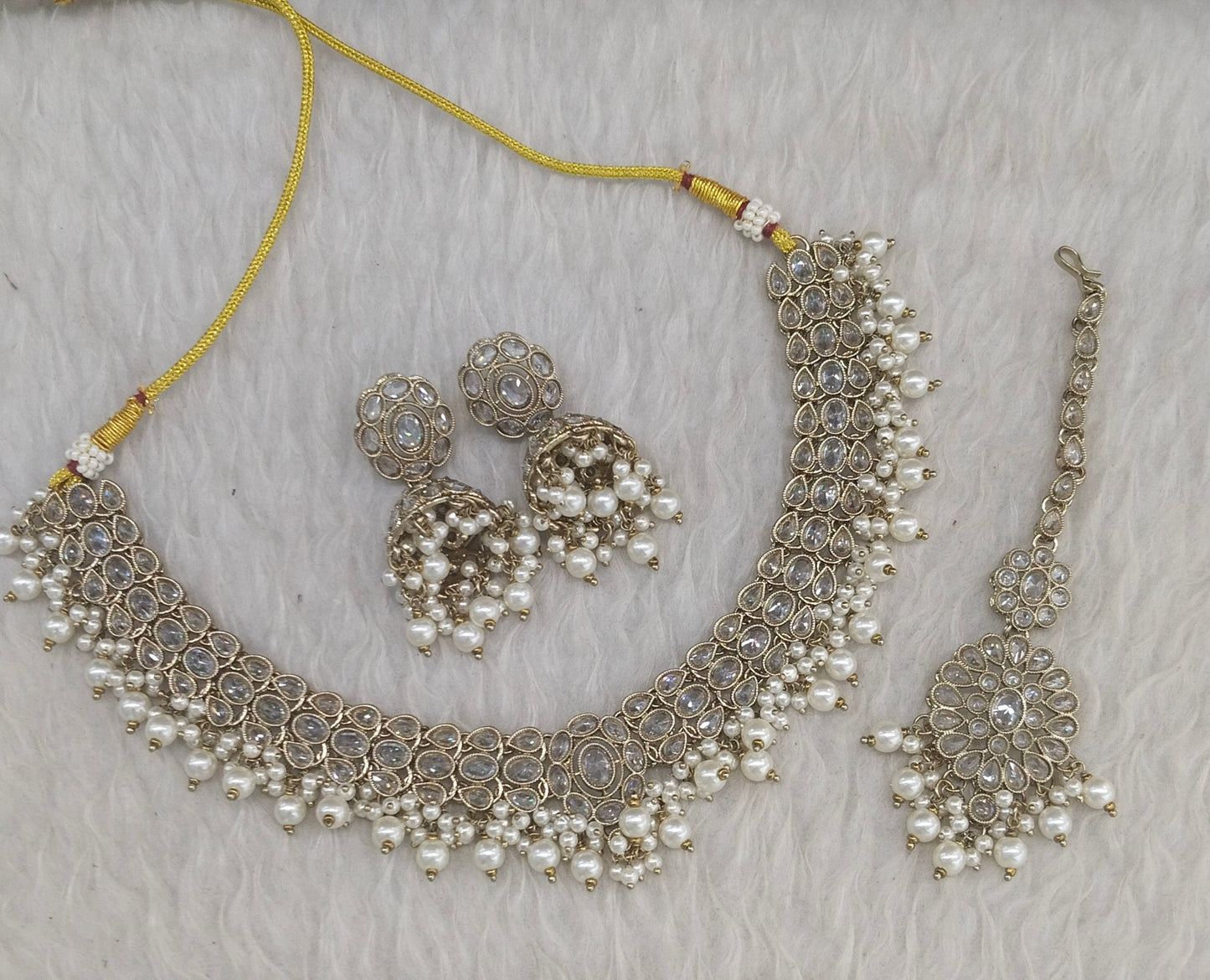 Antique Gold White Necklace Indian Jewelry Shuba Set