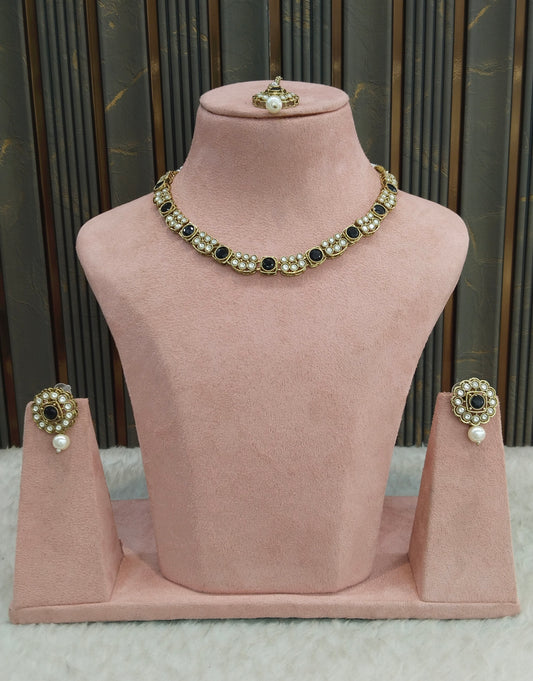 Antique Gold Black Necklace Indian Jewelry Steff Set