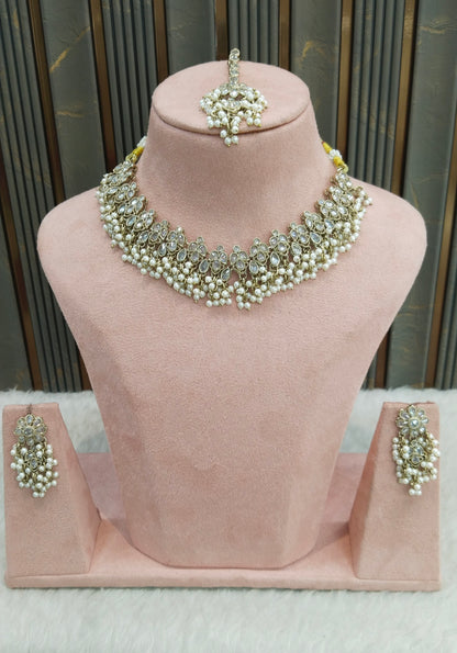Antique Gold White Necklace Indian Jewelry Shuba Set