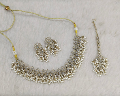 Antique Gold White Necklace Indian Jewelry Shuba Set