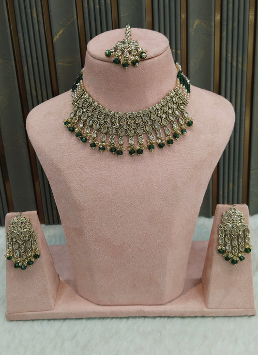 Antique Gold Green Necklace Indian Jewelry Anjali Set