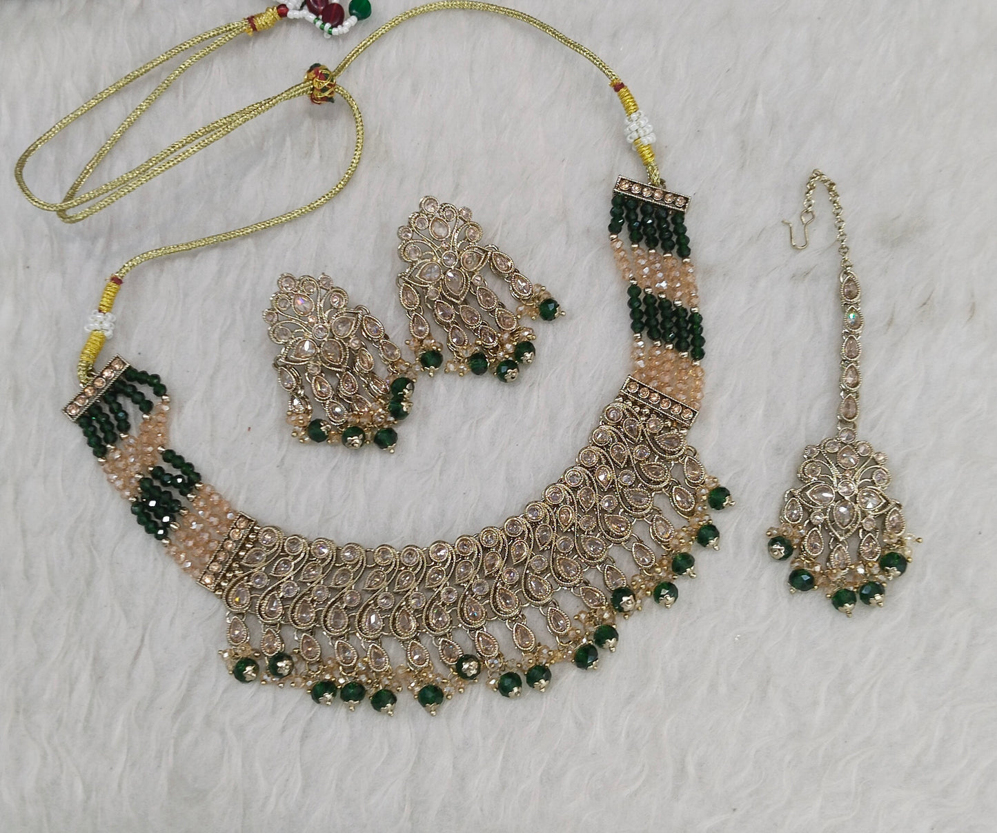 Antique Gold Green Necklace Indian Jewelry Anjali Set