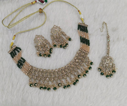 Antique Gold Green Necklace Indian Jewelry Anjali Set