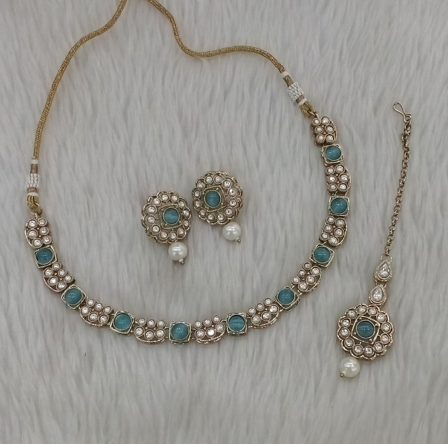 Antique Gold Sky Blue Necklace Indian Jewelry Steff Set