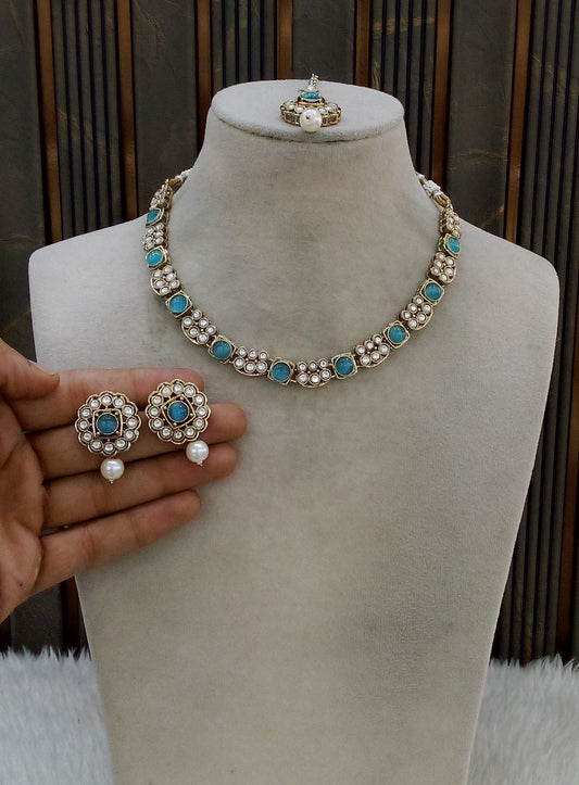 Antique Gold Sky Blue Necklace Indian Jewelry Steff Set