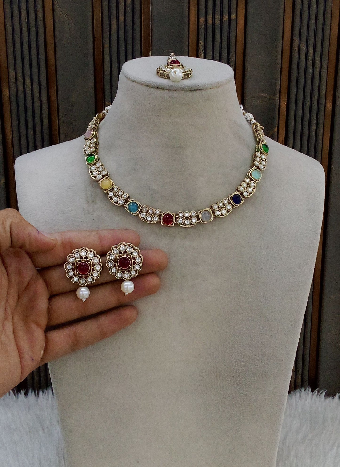 Antique Gold Multi Color Necklace Indian Jewelry Steff Set