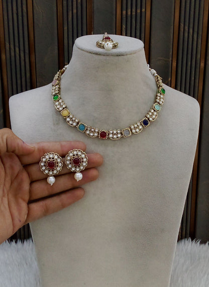 Antique Gold Multi Color Necklace Indian Jewelry Steff Set