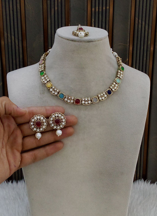 Antique Gold Multi Color Necklace Indian Jewelry Steff Set