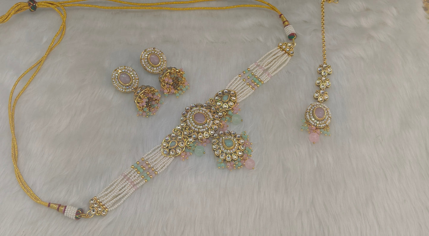 Mint Pink Kundan Choker Jewellery Firoh Set