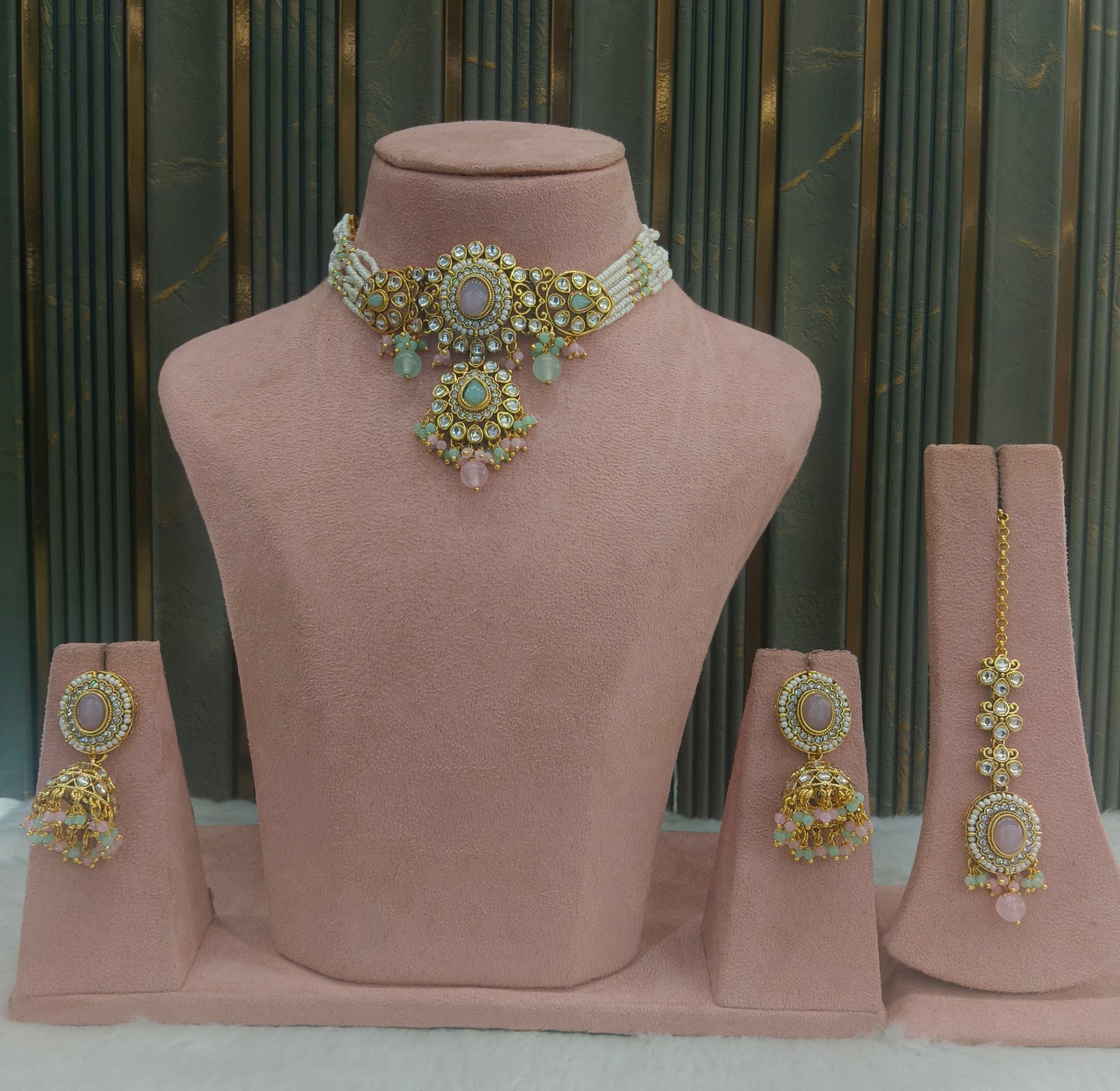 Mint Pink Kundan Choker Jewellery Firoh Set