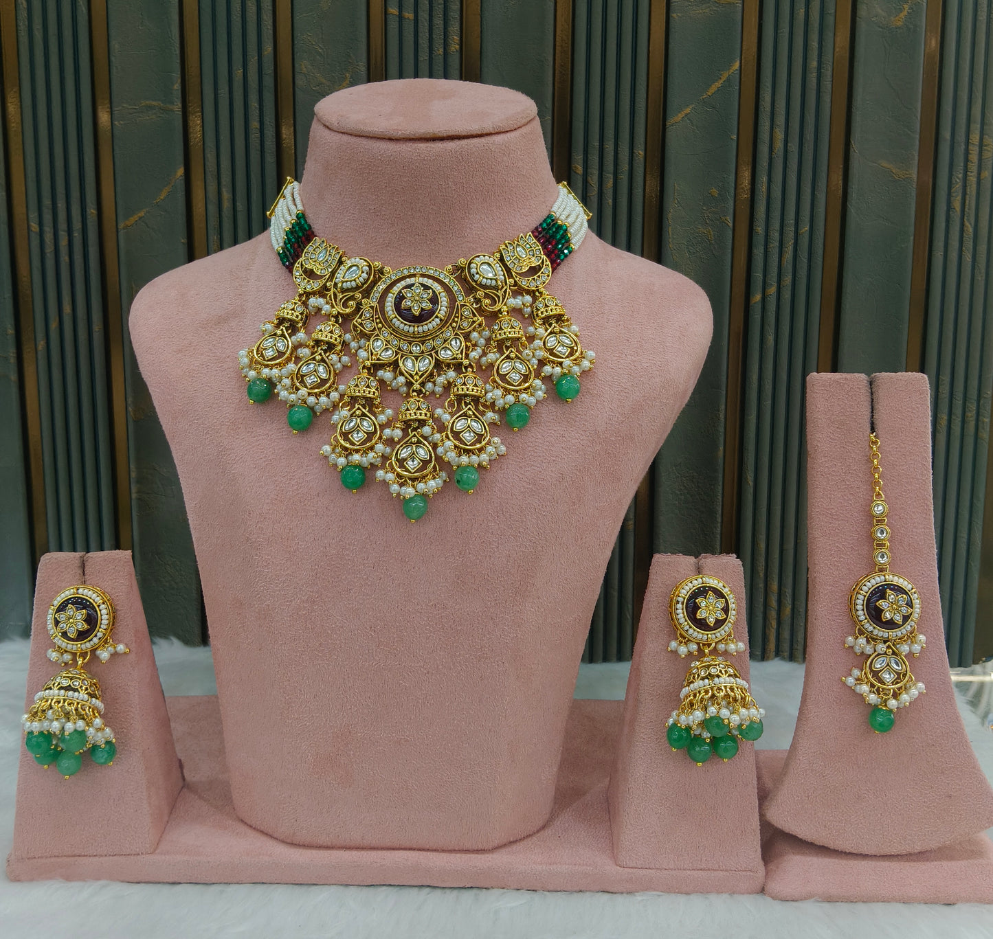 Sage Green Kundan necklace Set/ kundan Indian jewellery kundan Ravia sets