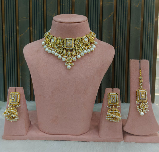 Gold White Kundan necklace Set/ kundan Indian jewellery kundan Kity sets