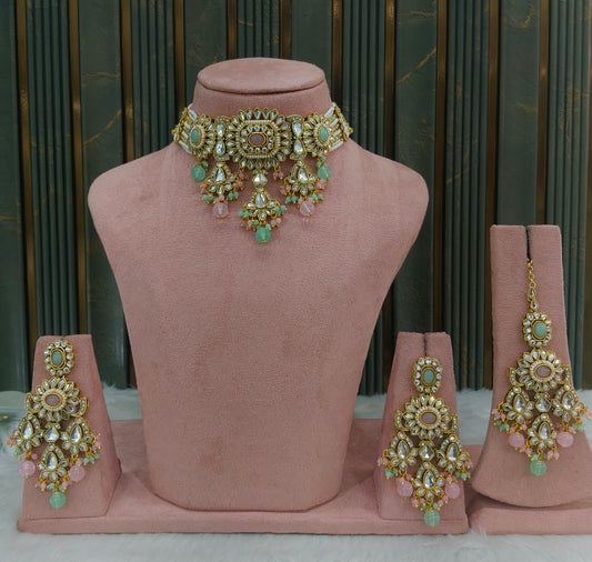 Gold White Kundan Choker Jewellery Kismat Set